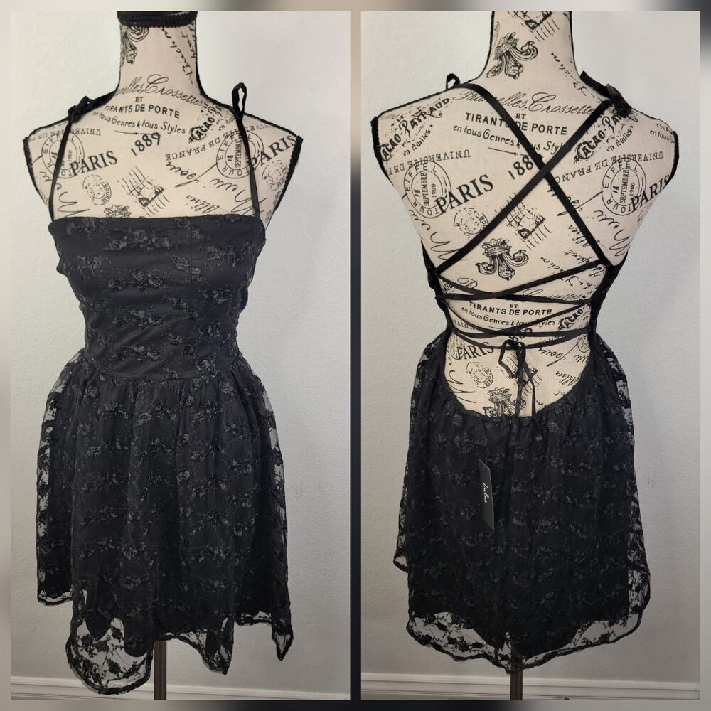 Lulus Babydoll Mini Dress Sz M Floral Lace Layered Open Back Witchy Whimsygoth